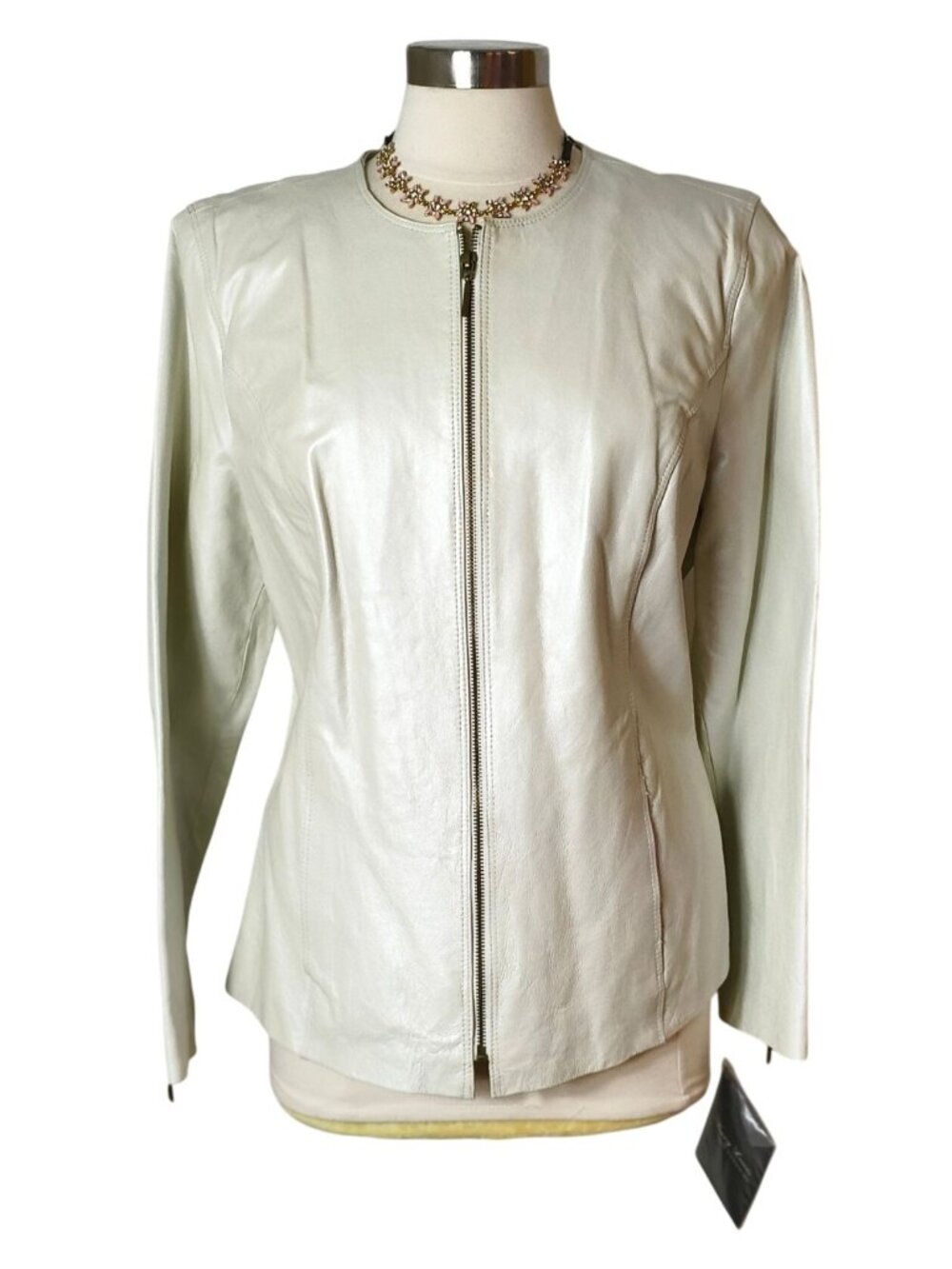 Terry Lewis Womens M Leather Jacket Cream Luxuries Designer Zipper Moto Prep NWT